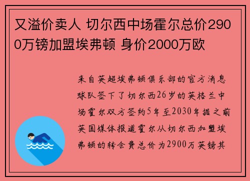 又溢价卖人 切尔西中场霍尔总价2900万镑加盟埃弗顿 身价2000万欧